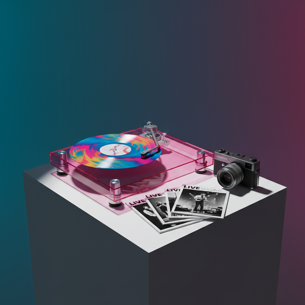 A translucent acrylic record player in bubblegum pink sits on a minimalist white plinth.