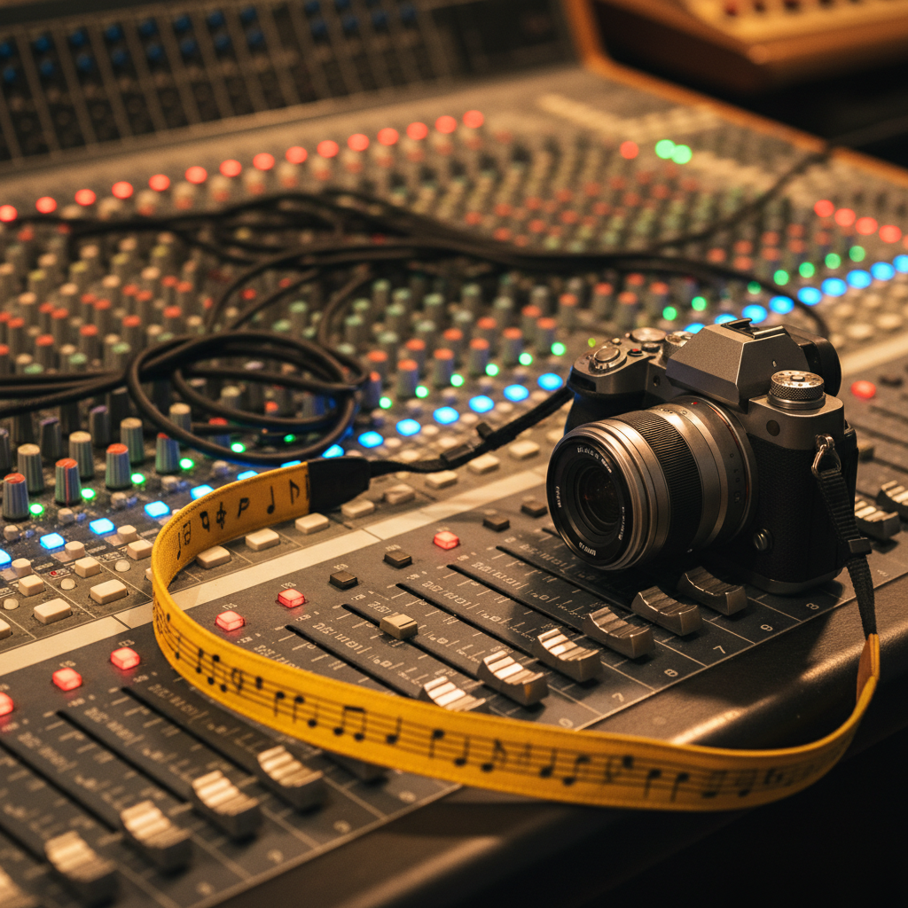 A sleek mirrorless camera with a bright yellow camera strap printed with tiny musical notes, perched on the edge of a sound mixing console. Each fader, knob, and glowing LED on the console is crisp and detailed, while coiled cables snake between them like graphic lines. Soft, warm tungsten light from overhead studio fixtures illuminates the gear, casting gentle reflections on the camera’s metal body and the console’s glossy surface. Shot from a slightly elevated angle with rule-of-thirds composition, creating a playful yet professional atmosphere. The background blurs into an abstract haze of colored indicator lights, emphasizing the fusion of music and photography in a clean, modern photographic style.
