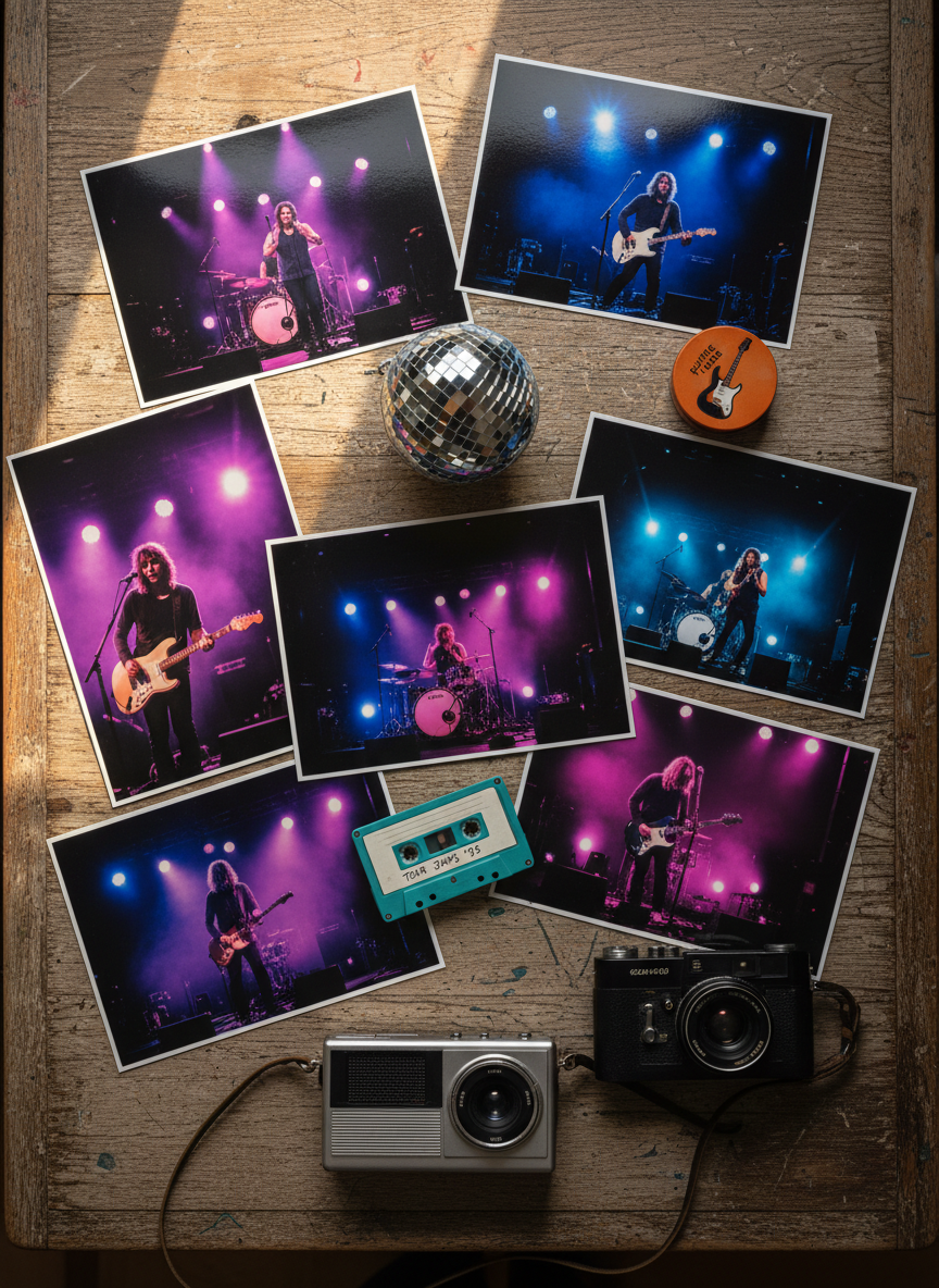 A carefully arranged flat lay of glossy printed concert photos spread across a distressed wooden table.