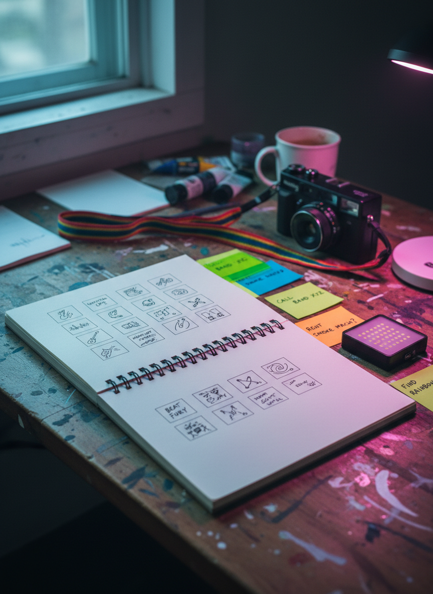 An open sketchbook lies on a paint-splattered desk, filled with playful thumbnail layouts for music photography shoots.